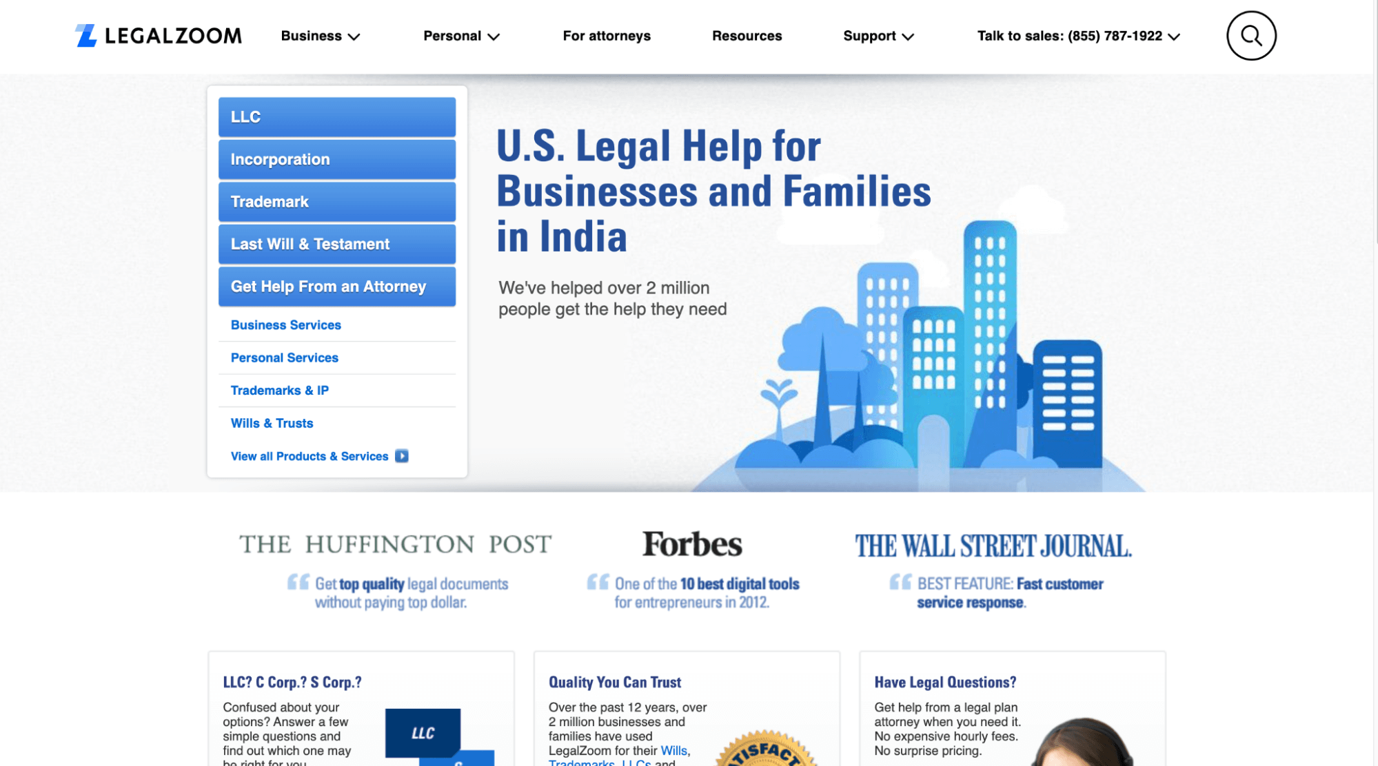 LegalZoom online legal services page.