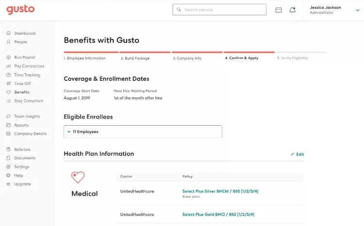 Gusto benefits page with coverage and enrollment dates and eligible enrollees example.