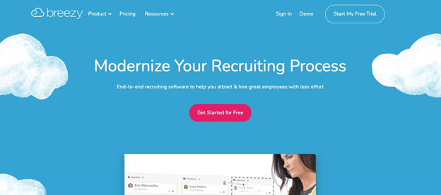 Breezy HR recruiting software get started homepage.