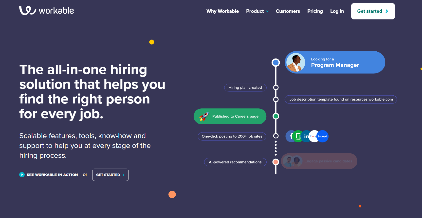 Workable all-in-one hiring solution get started homepage.