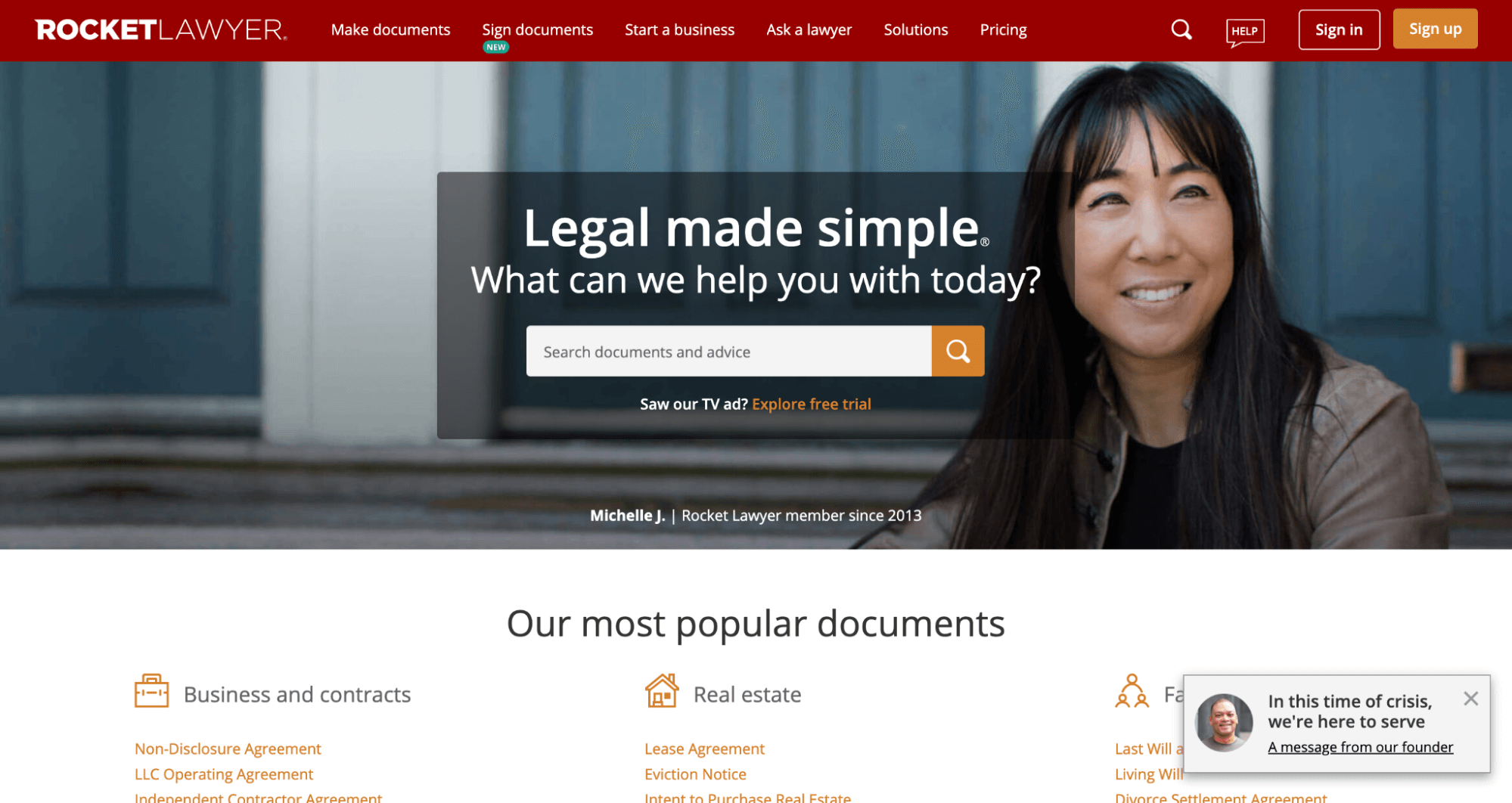Rocket Lawyer online legal services page.