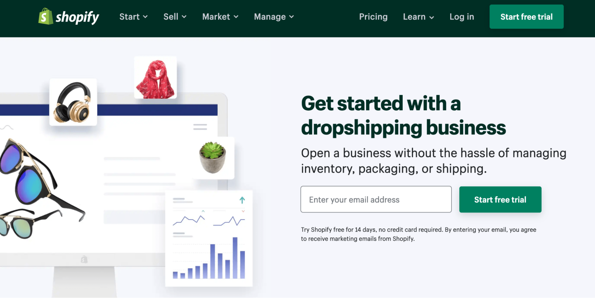 Shopify start your dropshipping business free trial page.