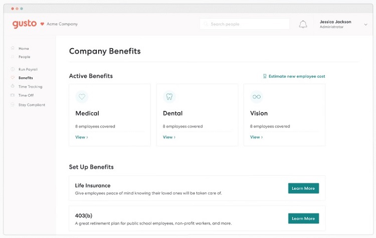 Gusto employer dashboard company benefits page.