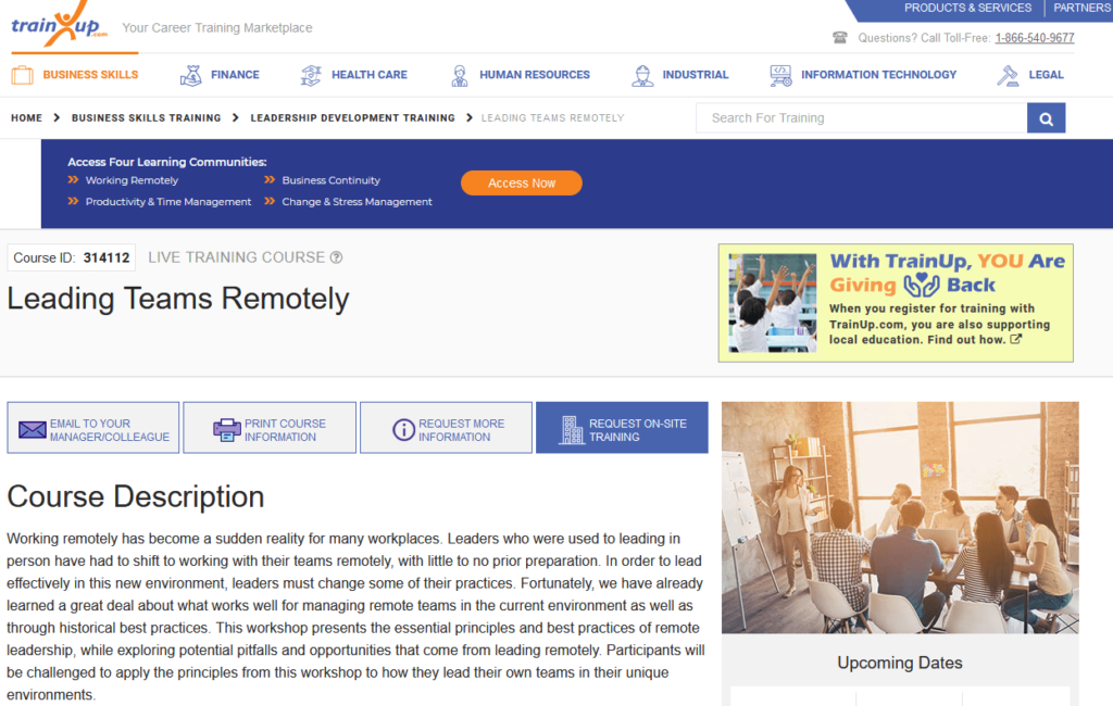 Leading Teams Remotely by TrainUp leadership course course description page.