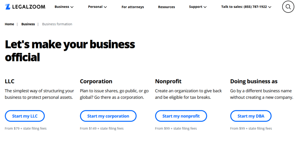 LegalZoom homepage.