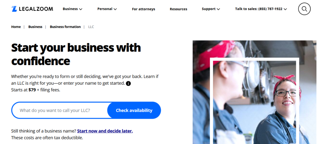 LegalZoom start an LLC page.