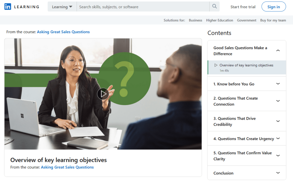 LinkedIn Learning asking great sales questions homepage.