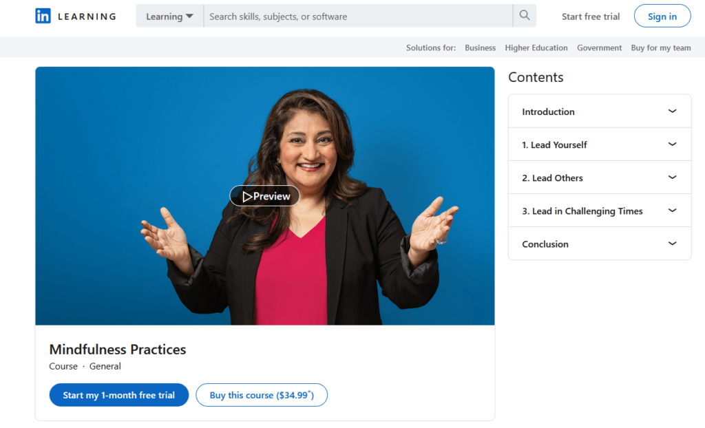 Mindfulness Practices leadership course by LinkedIn Learning signup page