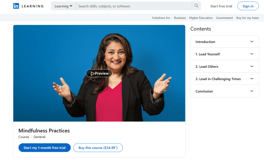 Mindfulness Practices leadership course by LinkedIn Learning signup page.