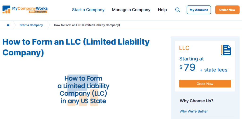 MyCompanyWorks start an LLC page.