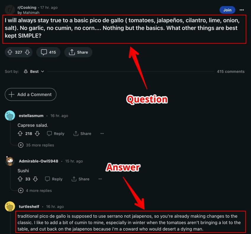 Question and answer from Reddit r/cooking about food that is best kept simple