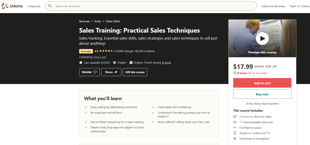 Udemy sales training: practical sales techniques page.