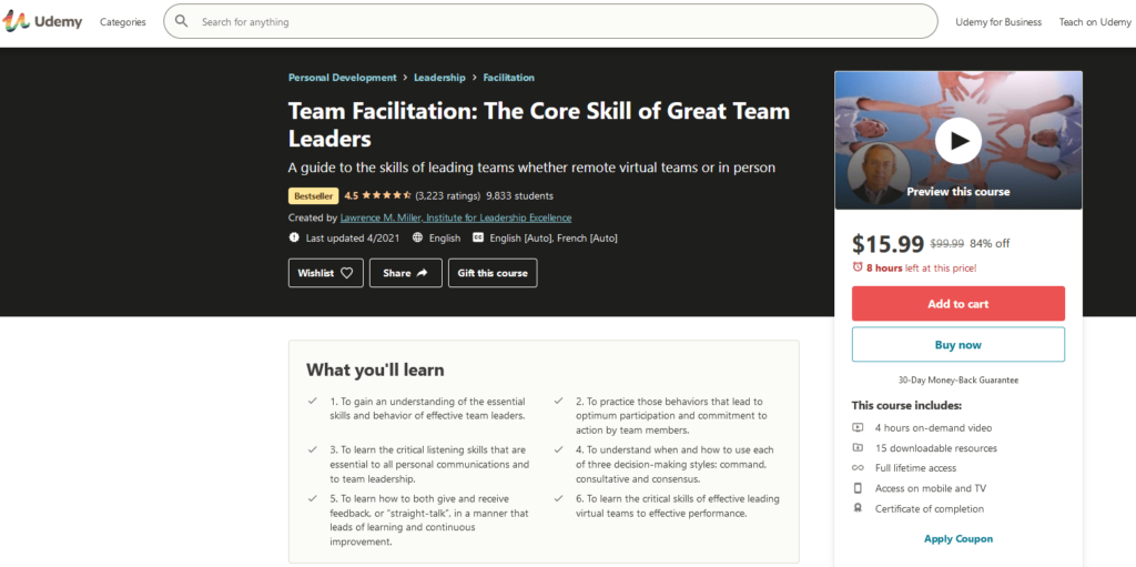 Team Facilitation: The Core Skill of Great Team Leaders by Udemy signup page