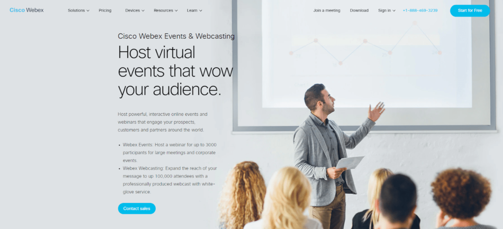 Webex website page that says "Host virtual events that wow your audience"