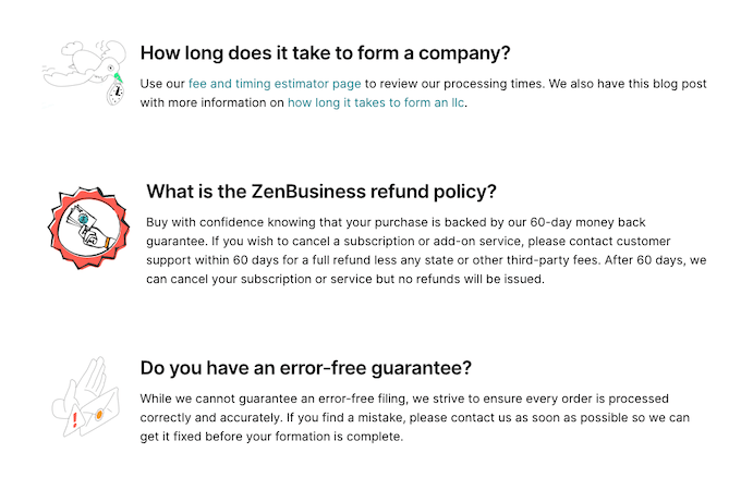 ZenBusiness FAQ page