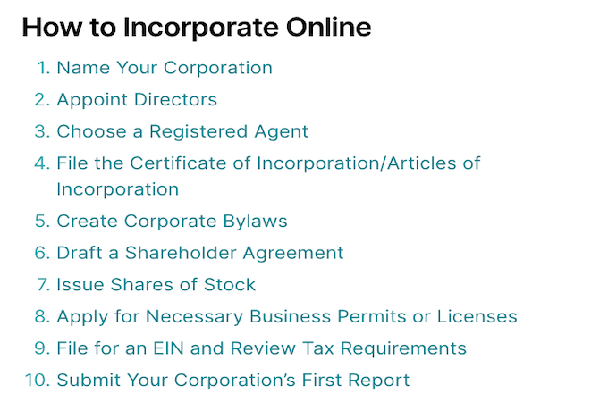 ZenBusiness How to Incorporate Online list