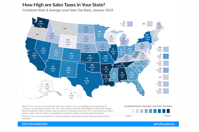 Sales tax by state, displayed on a map of the US.