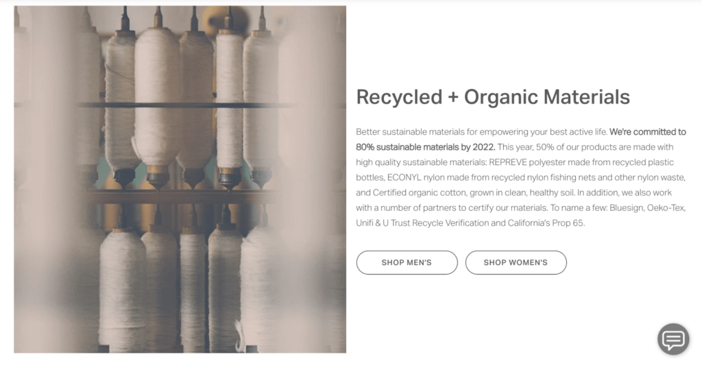 Vuori recycled and organic materials page.