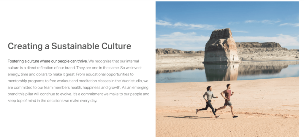 Vuori creating a sustainable culture page.