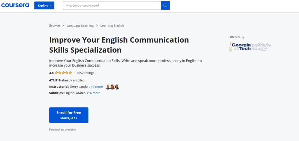 Coursera improve your English communication skills specialization enrollment page.