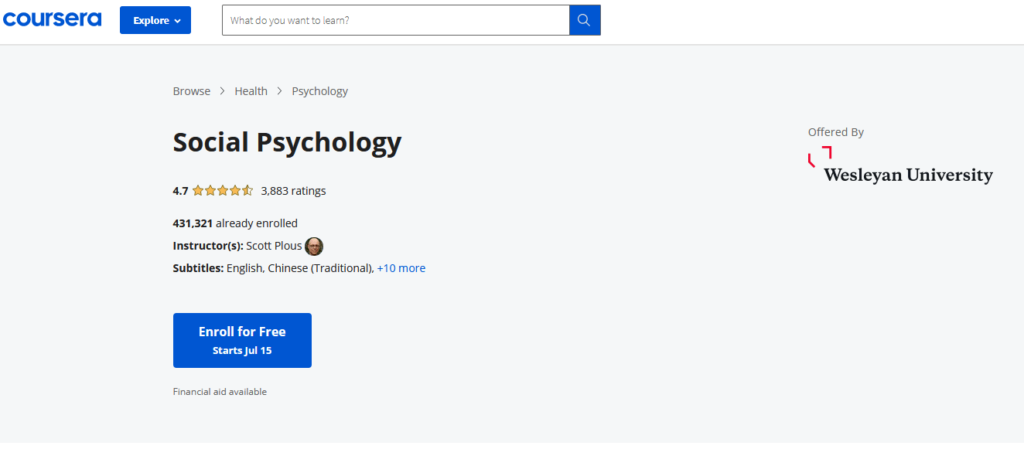 Coursera social psychology enrollment page.
