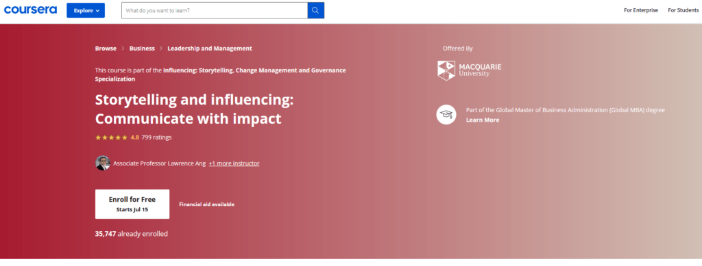 Coursera storytelling and influencing: communicate with impact enrollment page.