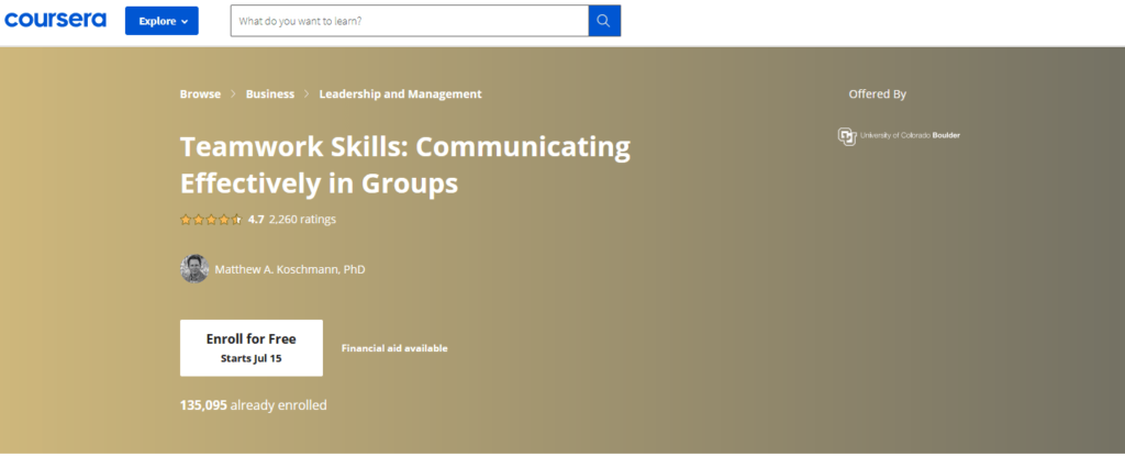 Coursera teamwork skills: communicating effectively in groups enrollment page.