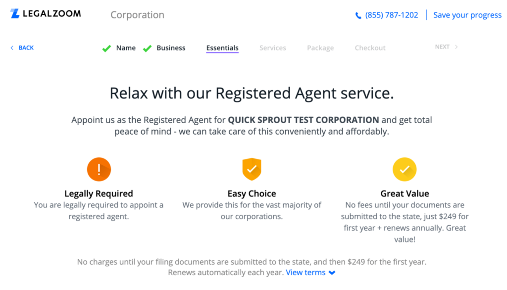 LegalZoom registered agent service feature page.
