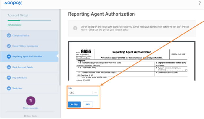 OnPay Form 8655 electronic reporting agent authorization form example.
