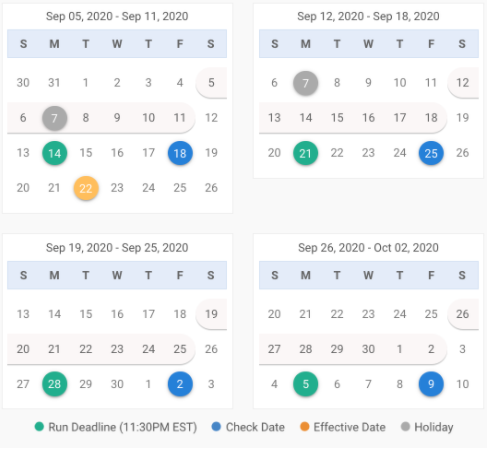 OnPay employee payment schedule calendar view example.