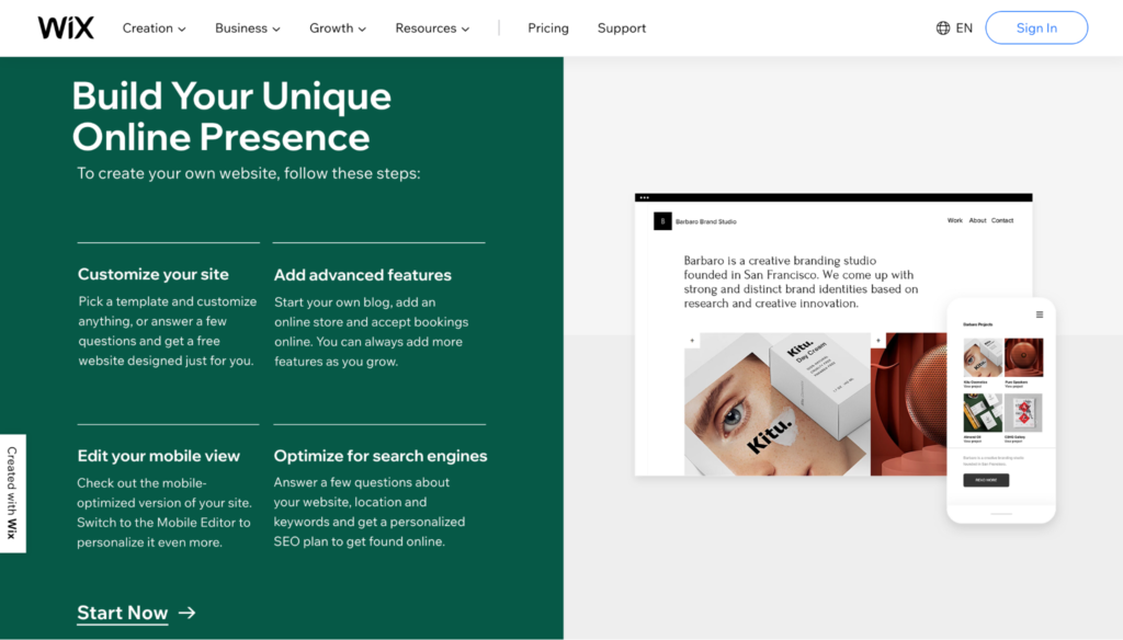 Wix build your unique online presence page.