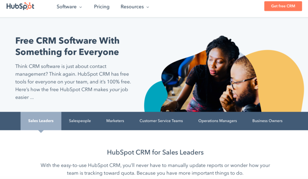 HubSpot CRM software solution homepage.