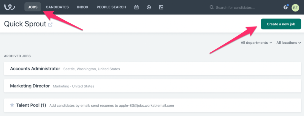 Creating a new job in Workable recruiting software example.