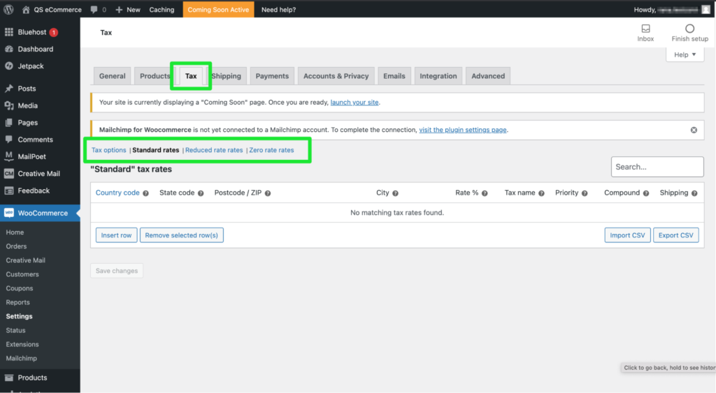 WooCommerce Tax tab at standard rates example.