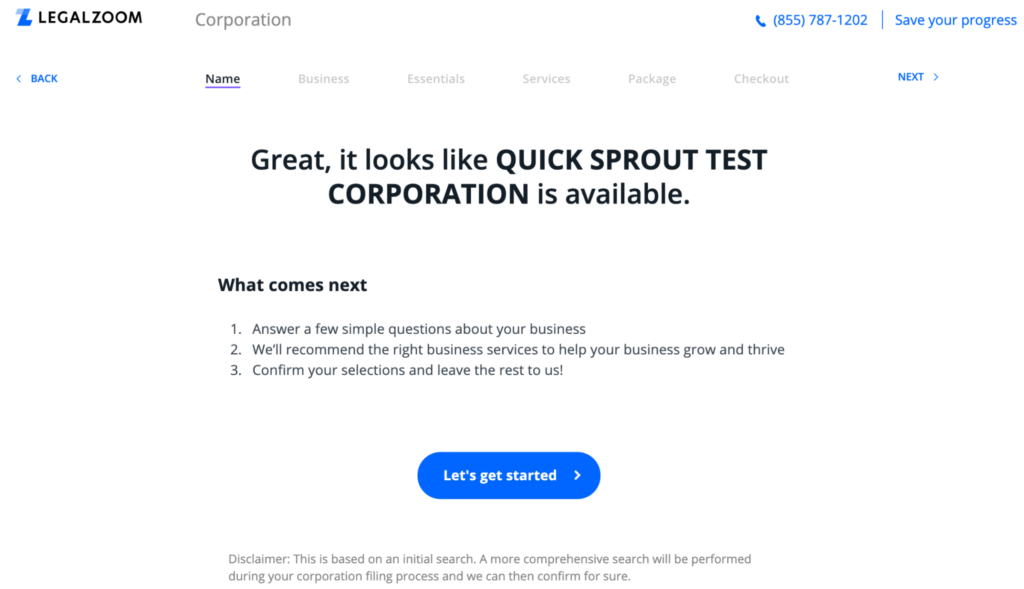 LegalZoom choose a business name feature get started page.