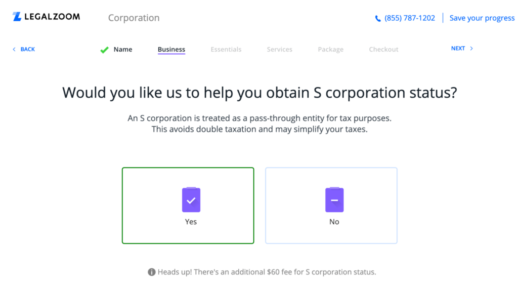 LegalZoom obtain S corporation status feature page.