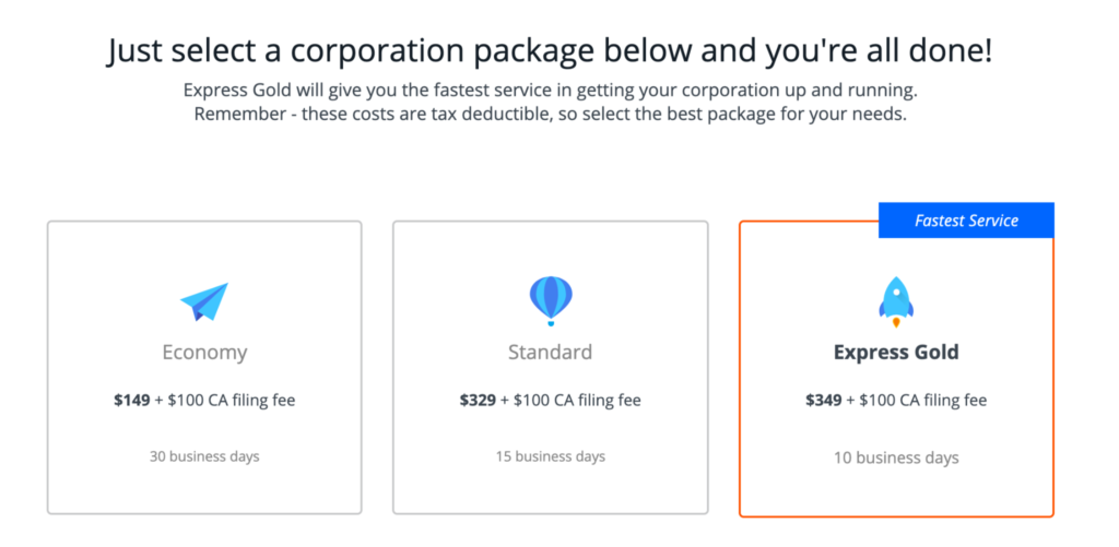 LegalZoom corporation pricing packages.