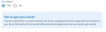 OnPay prior wages prompt screen.