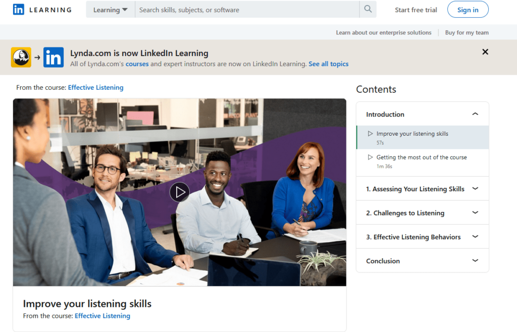 LinkedIn Learning effective listening course content page.