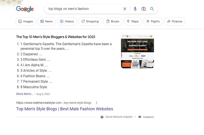 Google search results for top blogs on men's fashion
