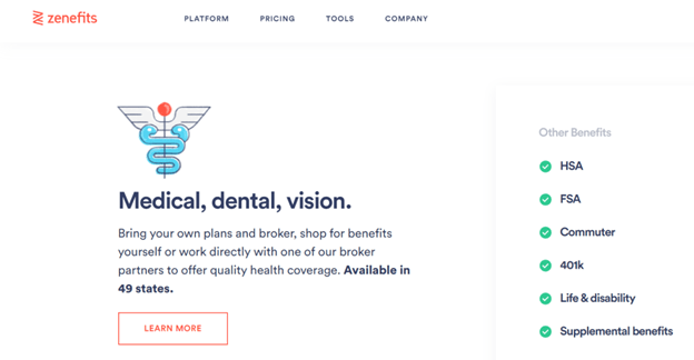 Zenefits HR solution benefits feature.