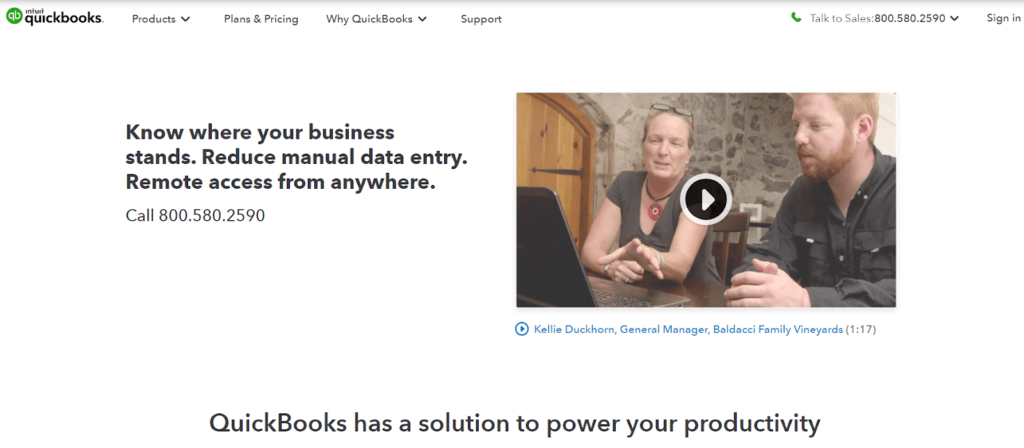 Quickbooks business management software homepage.