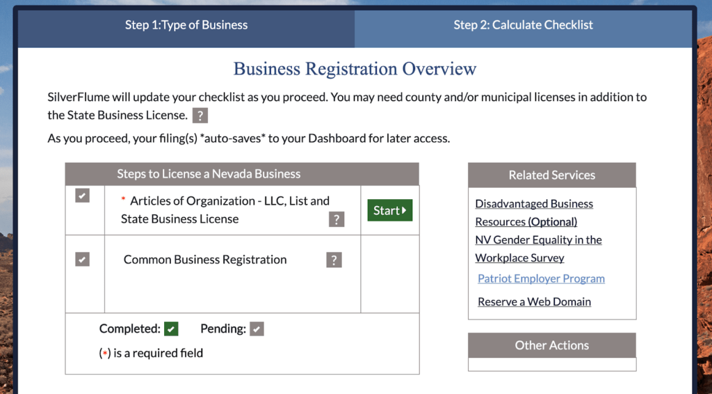 Nevada business registration overview page.