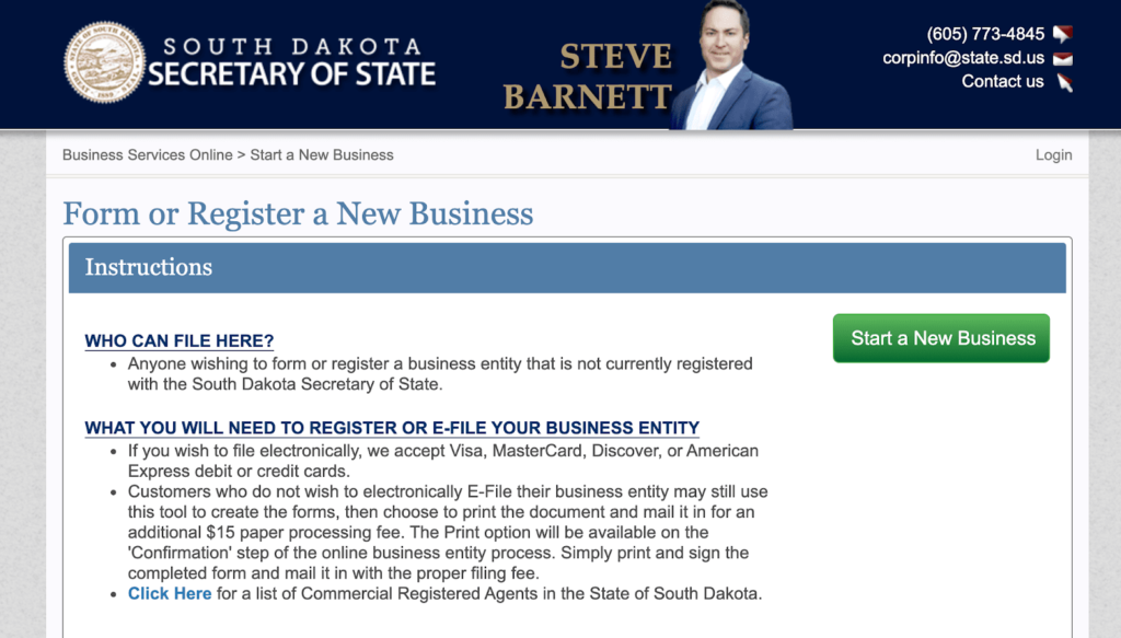 South Dakota Secretary of State form or register a new business page.