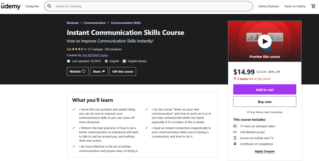 Udemy instant communication skills course sign up page.