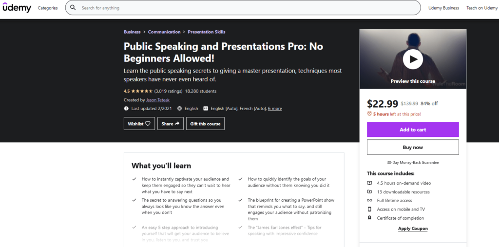 Udemy public speaking and presentations pro: no beginners allowed! signup homepage.