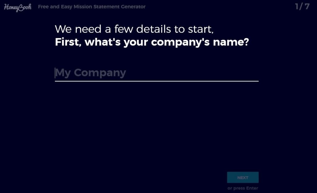 HoneyBook generator vision and mission statement generator tool page.