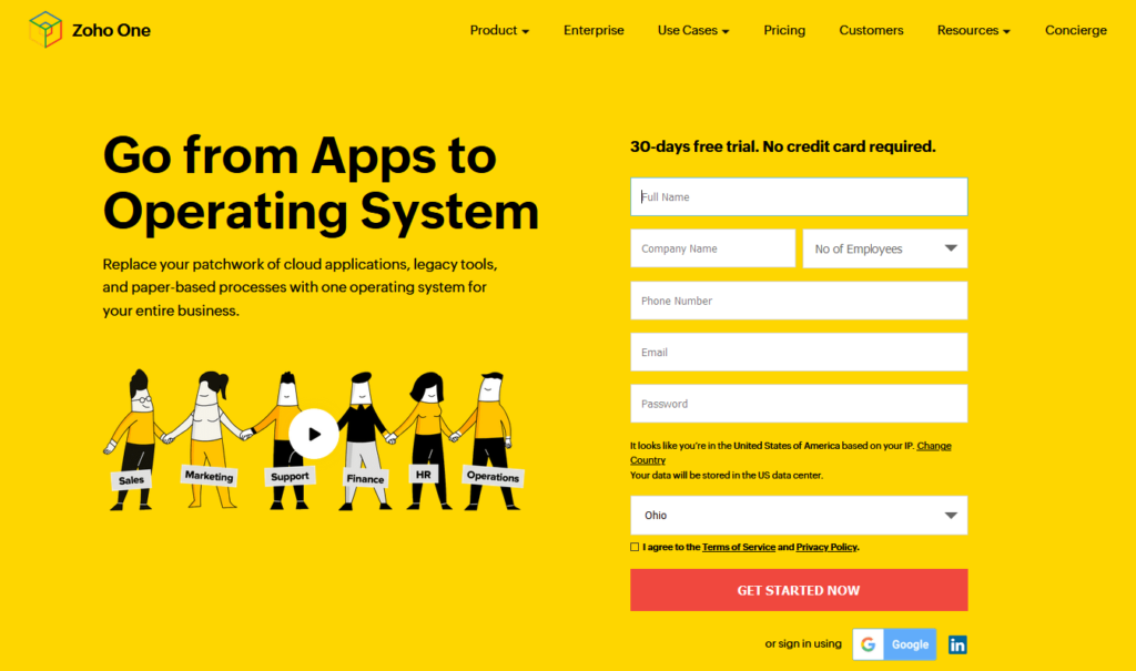 Zoho One business management software sign up homepage.