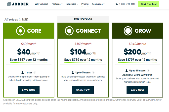 Jobber's three pricing plans, Core, Connect, and Grow