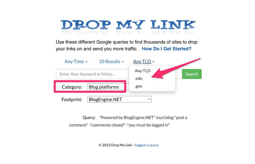 Drop My Link search for .edu or .gov blogs